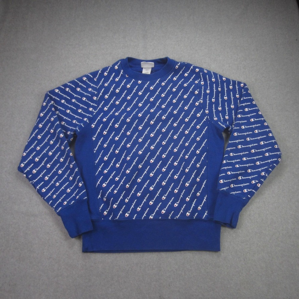 Champion Sweatshirt Mens Small Blue Reverse Weave All Over Print Pullover Crew